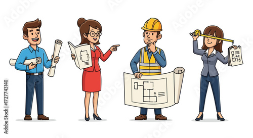 Diverse team of architects and engineers collaborating on building plans.