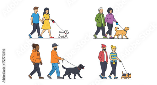 Diverse People Walking Various Dogs on Leashes Illustration Set.
