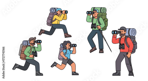 A set of cartoon hikers and backpackers with large rucksacks looking through binoculars while exploring.