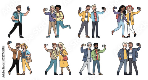 Diverse Group Taking Selfies in Various Poses.