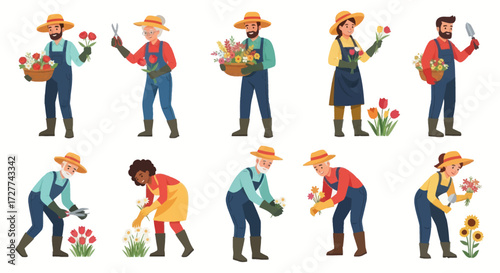 Diverse Cartoon Gardeners and Farmers Harvesting Produce and Flowers.
