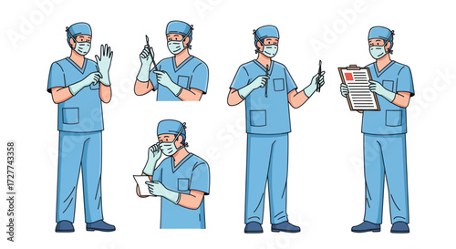 A character set of a male surgeon in blue scrubs mask and gloves shown in various poses with medical equipment.