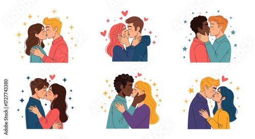 Diverse Couples Embracing and Kissing with Hearts and Stars Vector Illustration.