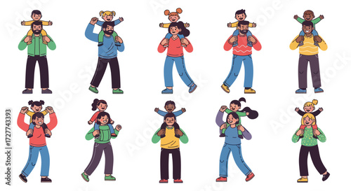 Diverse Adults Carrying Happy Children on Shoulders Flat Cartoon Illustration Set.