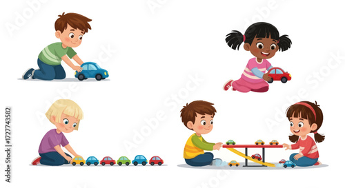 A diverse group of cartoon children boys and girls happily playing with colorful toy cars.