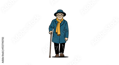 Elderly Person with Walking Cane Stylishly Dressed.