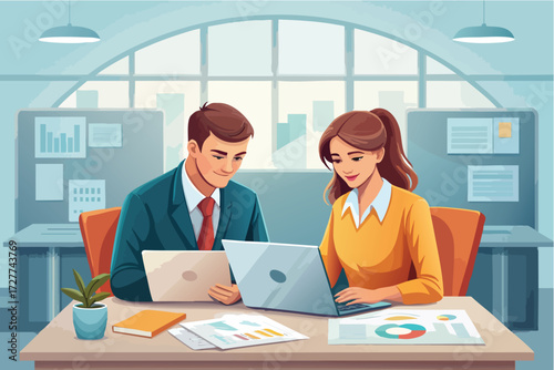 Diverse coworkers collaborate on business report analyzing data on laptop in modern office