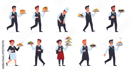 Diverse Cartoon Waiters and Chefs Serving Food and Drinks on Trays.