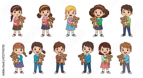 A diverse group of cute cartoon children boys and girls holding their teddy bear toys.