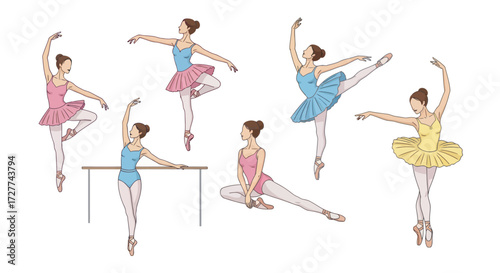 Diverse Ballet Dancers in Graceful Poses and Tutus.