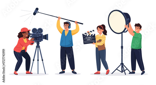 Cartoon illustration of a professional film crew at work with camera boom mic and lighting.