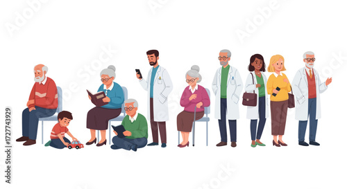 Diverse group of people waiting in a doctors office or clinic.