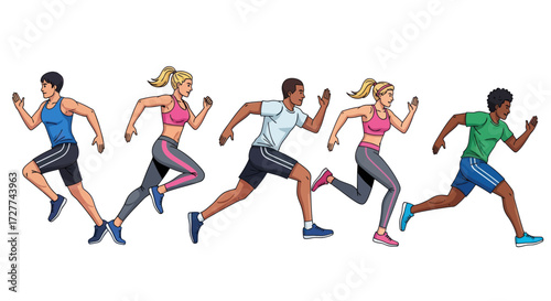 Energetic Group of Runners in Sportswear Running Together.