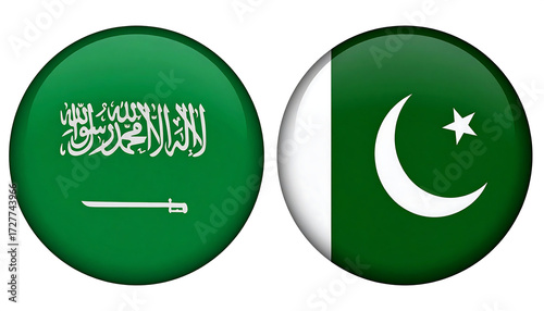 Two circular buttons featuring the national flags of Saudi Arabia and Pakistan on a neutral background, symbolizing cultural identity and digital representation in the Islamic world.