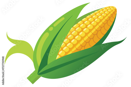 Sweet yellow corn cob is depicted with green leaves around it