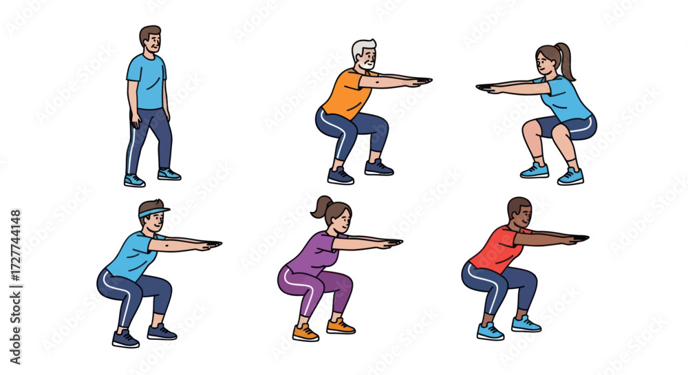 Obraz premium Diverse group of people performing squats in a fitness illustration.