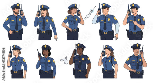 Diverse Group of Police Officers Communicating with Radios.