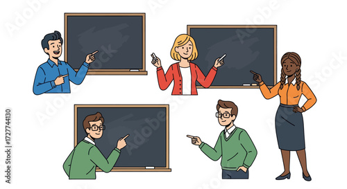 A collection of diverse hand-drawn teachers and educators pointing at blank chalkboards.