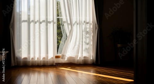 Calm and comforting: soft sunlight passing through sheer curtains