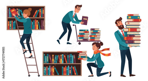 Cartoon People Interacting with Bookshelves and Stacks of Books.