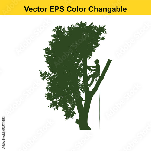 Vector art of silhouette of a tree climber pruning a large tree
