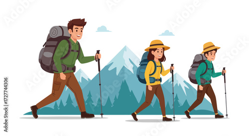 A cartoon family of three hiking in the mountains with backpacks and trekking poles.