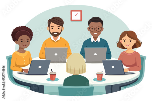 Diverse team of colleagues collaborating at a round desk with laptops during a business meeting