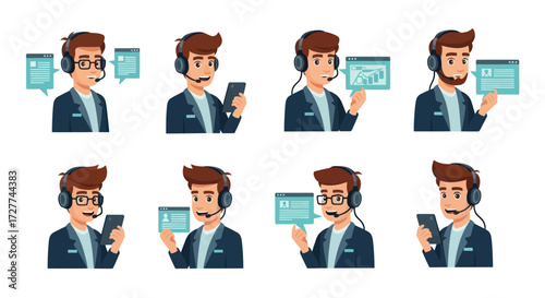 Set of male call center operator characters wearing headsets using smartphones and tablets for customer support.