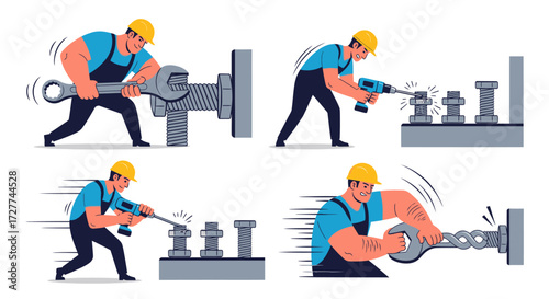 Cartoon Mechanic Working with Tools on Industrial Machinery.