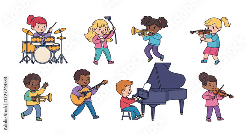 Diverse Cartoon Children Joyfully Playing Various Musical Instruments.