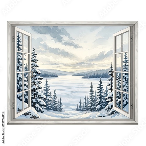 A picturesque winter landscape, as viewed through an open window, depicting snow-covered evergreen trees and a tranquil frozen lake. A perfect, dreamy view of serenity in this winter wonderland.