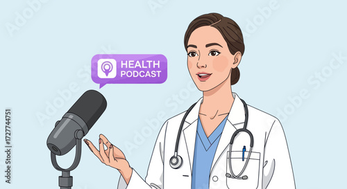 Female Doctor Recording Health Podcast with Microphone.