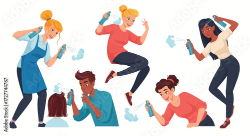 Diverse Cartoon People Spraying Cans for Hair or Art.