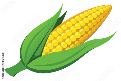 Bright yellow corn ear is shown nestled in vibrant green leaves