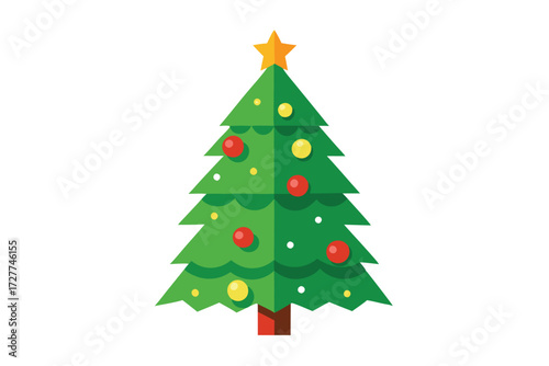 Green triangular fir tree has yellow star with red and yellow ornaments