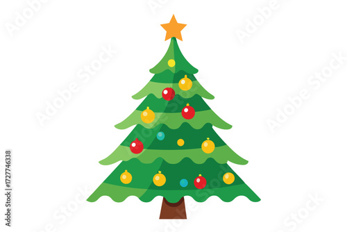 Decorated cartoon Christmas tree adorned with colorful baubles with a star at the top