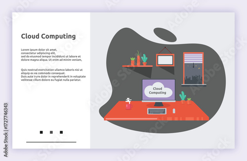 Cloud Computing vector illustration with abstract technology elements, including computer, device, and futuristic interface. Ideal for tech, AI, and digital innovation content.