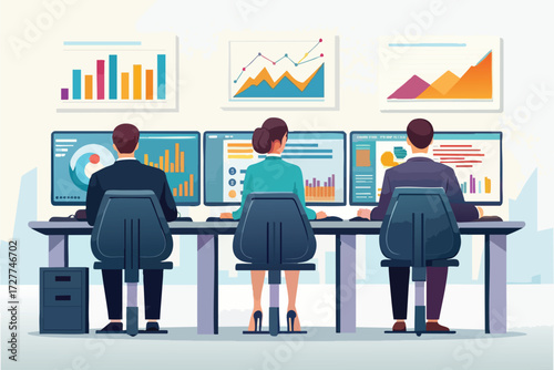 Diverse office team analyzing complex digital charts and graphs on multiple computer screens together