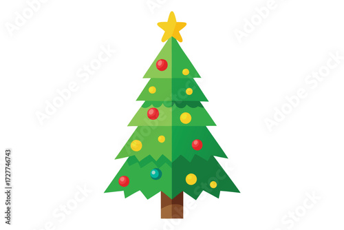 Stylized Christmas tree adorned with colorful ornaments and a golden star sits isolated against white
