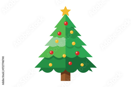 Decorated green Christmas tree with red and yellow ornaments topped by a shining gold star