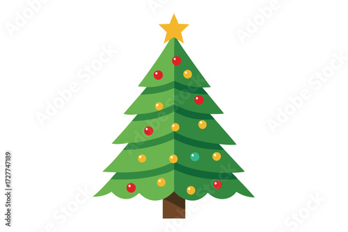 Festive green Christmas tree shines with bright yellow star and colorful ornaments