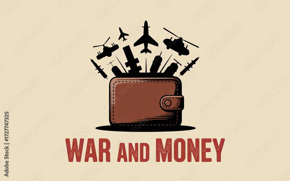 Obraz premium War and Money: A conceptual illustration presenting the heavy cost of warfare, where a wallet releases a barrage of military assets, highlighting the financial toll of conflict.