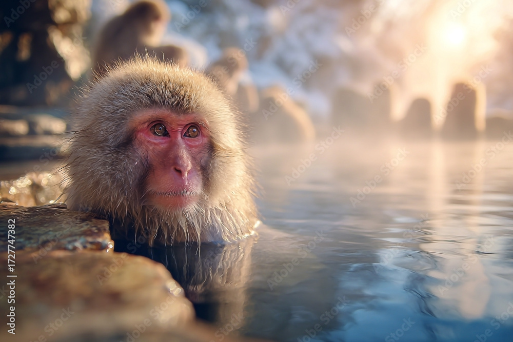Naklejka premium Snow monkey in hot spring