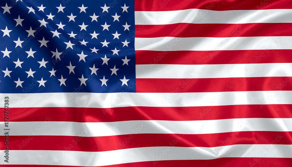 Naklejka premium Wavy national flag of the United States with thirteen red and white stripes and blue canton of fifty white stars, symbolizing unity, freedom, and American heritage.