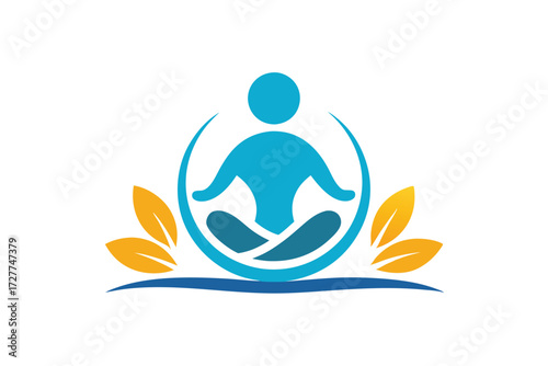 Blue human silhouette meditates within a circular wave, sitting among golden foliage plants