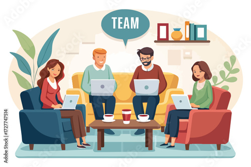 Four diverse individuals are seated comfortably in armchairs and on a sofa, all engaged with their laptops.
