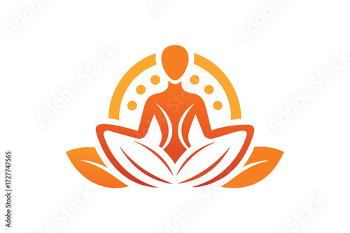 Abstract figure sits in lotus position surrounded by leaves and circles on white