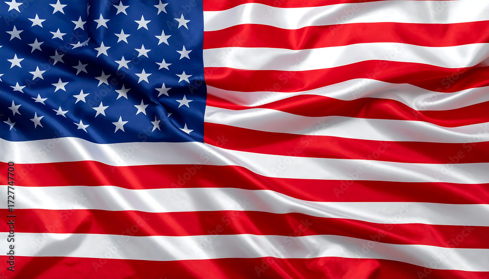 Naklejka premium Wavy national flag of the United States with thirteen red and white stripes and blue canton of fifty white stars, symbolizing unity, freedom, and American heritage.