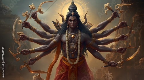 Fierce Divine Warrior Illustration with Symbolic Weapons