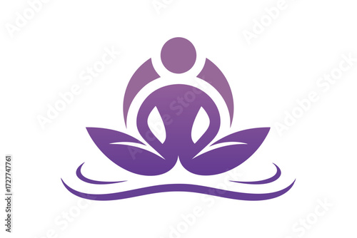 Purple abstract human figure sits meditating atop stylized lotus leaves and rippling water